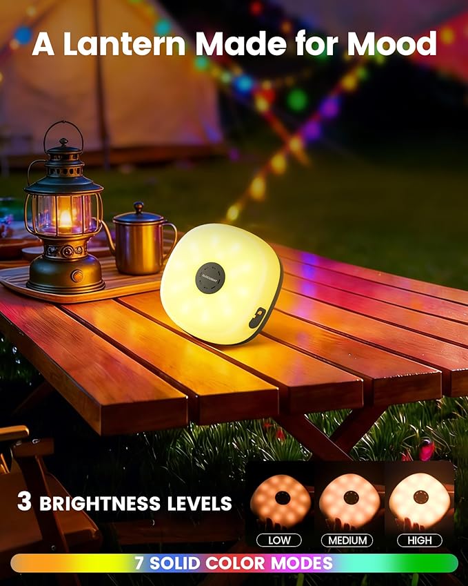 Glocusent 22 Modes Camping String Lights, 12 Ambient String Lights & 10 RGB Lantern, 130 LEDs Rechargeable Solar Powered, 33ft Tangle-Free Camping Lights String for Tent, Patio, Yard, Outdoor Decor