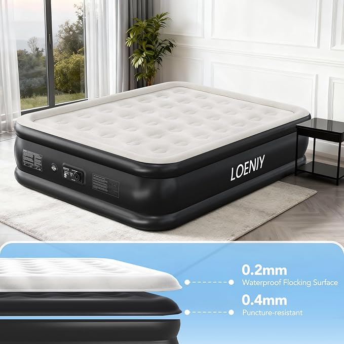 Full Air Mattress with Built-in Pump, 18” High Inflatable Mattress with Storage Bag, 3 Mins Easy Inflation/Deflation Blow up Mattress, Flocked Top Inflatable Bed for Camping, Guests & Adults