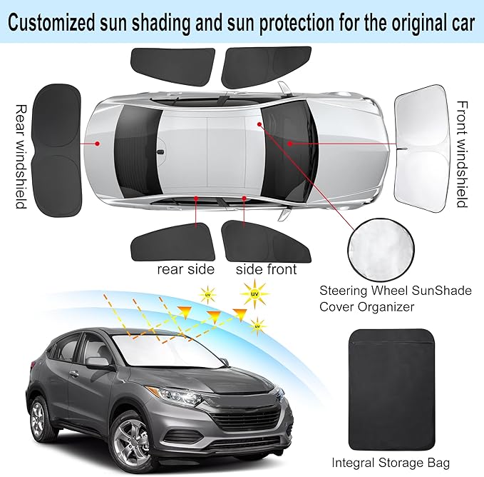 8PCS Windshield Sun Shade Custom Fit for 2016-2022 Honda HRV HR-V Accessories Foldable Sunshade Side Rear Window Shade Cover Full Set Privacy Protection Keeps Car Cool