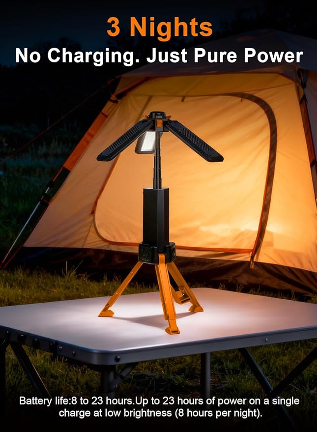 15000mAh Rechargeable Telescopic Camping Light, Portable Flashlight & Lantern with Reinforced Tripod Base, Height Adjustable Dimmable Tent Light, Power Bank for Outdoor BBQ, Hiking, Job Site, Orange
