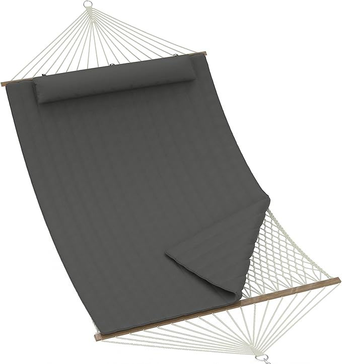 2 Person 12FT Hammocks for Outside, Double Quilted Fabric Outdoor Hammock with Spreader Bar, Large Removable Pillow, Storage Pockets, Carabiners, Max 450 Lbs Capacity