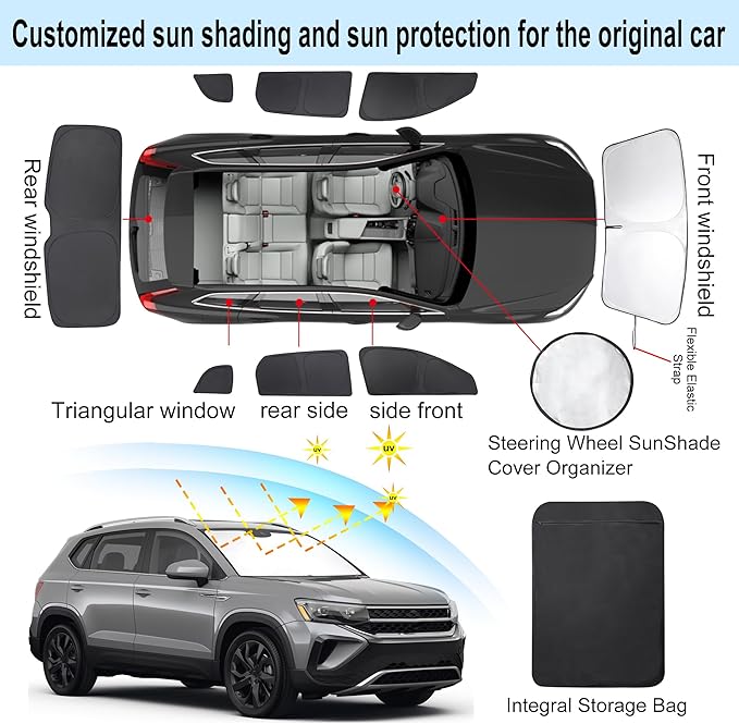 8PCS Windshield Sun Shade Custom Fit for 2022-2024 2025 Volkswagen VW Taos Accessories Foldable Sunshade Side Rear Window Shade Cover Full Set Privacy Protection Keeps Car Cool