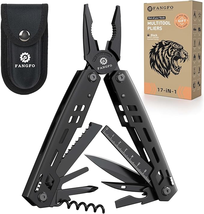 Multitool 17-in-1 Stainless Steel Multi Tool with Pocket Knife Needle Nose Pliers Bottle Opener Screwdriver Self-Locking Professional Multi-Tool for Outdoor Survival Gifts for Men(Black)