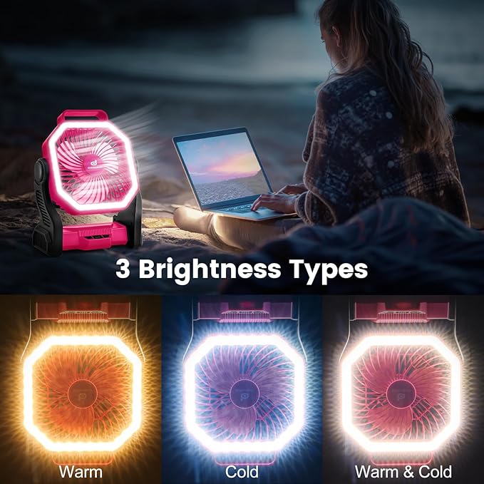 Odoland Rechargeable Camping Fan, 20000mAh Battery Fans with LED Lantern for Tent Car Beach Storm, Portable Light Desk Cooling Fan for Picnic Power Outage Hurricane, Pink