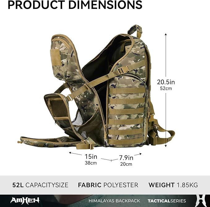 AMHEH 52L Tactical Backpack - 1050D 72 Hour Bug Out, 17" Laptop Compartment, Helmet Pocket and MOLLE for Survival Emergency (Camo)