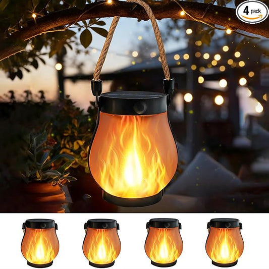 4 Pack Gen2 Solar Lanterns Outdoor Waterproof, Solar Lantern with Dancing Flame, 2 Lighting Modes, Dual Charging USB & Solar, Solar Outdoor Lights with Rope Handle for Camp Garden Tree Tabletop Decor