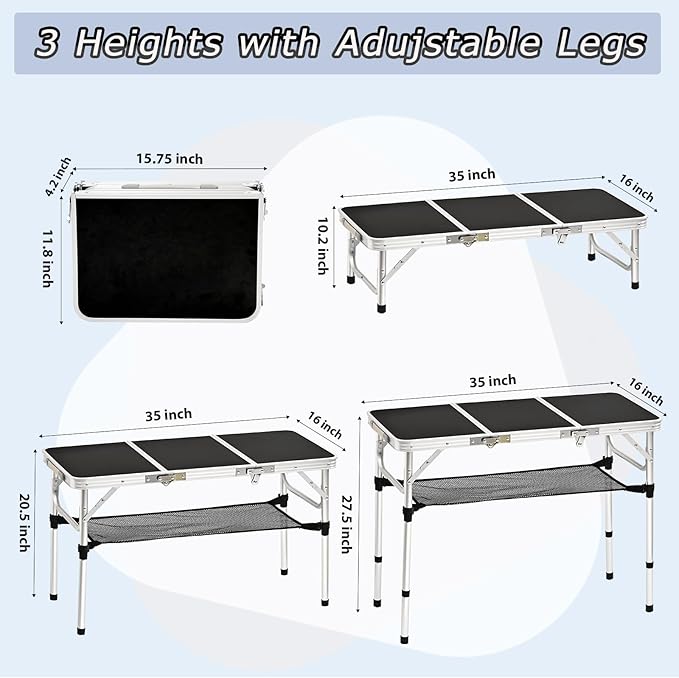 YihuiKo 3 ft Folding Table, Folding Camping Table with Storage Net, Lightweight Portable Aluminum Foldable Table with Adjustable Height Max 27.5 Inch Outdoor Table for Picnic Travel, Black