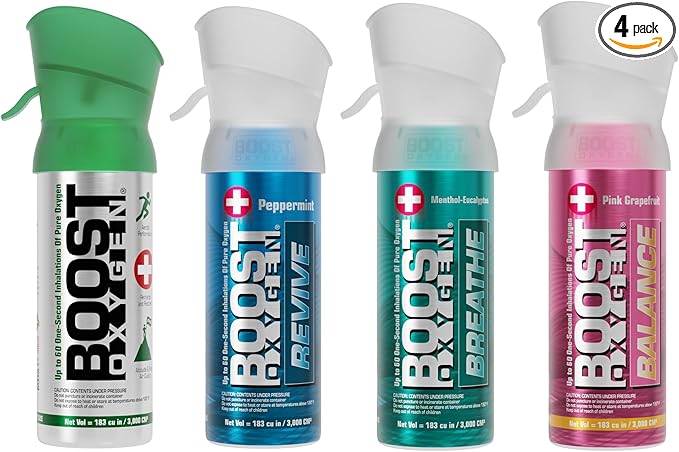 Boost Oxygen Pocket Size Variety Collection | Natural, Peppermint, Menthol-Eucalyptus & Pink Grapefruit (4 Pack)