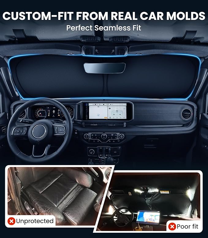 Zanch Custom Windshield Sun Shade for Jeep Wrangler 2018-2026, 7-Layer UV & Heat Block, 3D Laser Scanned, Interior Protection, Keep Car Cooler, Foldable SUV Accessories