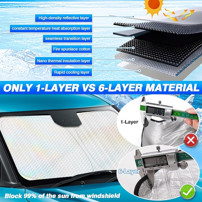 Canvcle Windshield Sun Shade for 2022-2025 2026 Nissan Frontier Accessories Thicken 6-Layer Front Window Sunshade Cover Sun Visor Protector Foldable Block UV Rays Keep Vehicle Cool