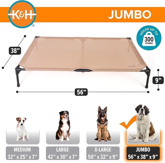 K&H Outdoor Elevated Dog Bed - Cooling Raised Dog Bed for Extra-Large & Giant Pets, Breathable Mesh Hammock Design, Indoor/Outdoor Washable Cover, Portable Metal Frame, Tan, Jumbo 56x38in