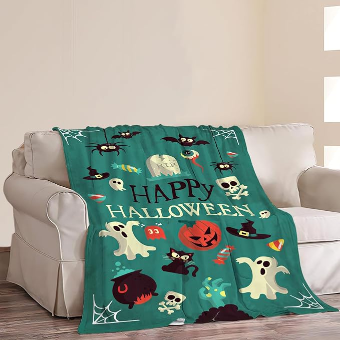 Happy Halloween Blanket Soft Ghost Bat Throw Blanket Spooky Decor Warm Lightweight Flannel Fleece Plush Bedding Halloween Blanket Gifts for Girls Boys Women Adults 40"x50"