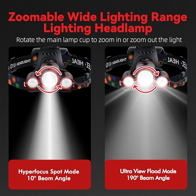 Headlamp Rechargeable 1200 Lumens Super Brightest 4 Modes Head Lamp for Adults Zoom Waterproof Headlight 90°Angle Adjustable Head Lights for Outdoor Camping Hunting Running Hiking