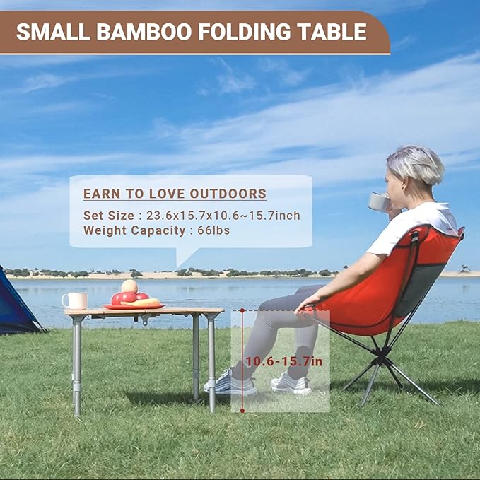 KingCamp Bamboo Folding Table Camping Table with Adjustable Height 4-Folds Compact Small Lightweight Portable Picnic Camp Table for Outdoor Backpacking Beach RV Travel Tailgating Barbecue, 1-2 People