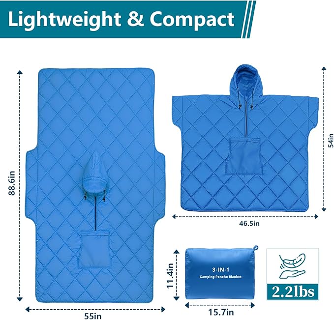Camping Outdoor Blanket, Ultralight Down Alternative Printed Travel Camp Blankets for Sleeping Packable Waterproof Puffy Quilt for Hammock Picnic Stadium Beach Cold Weather (Blue Blanket Poncho)