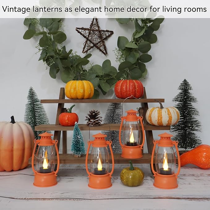 6Pcs Orange Mini Lanterns for Western Cowboy Party & Camping Decor, Small Western Lantern with LED Flickering Candle for Fall Halloween Christmas Wedding Festive Decorations, Centerpiece Table