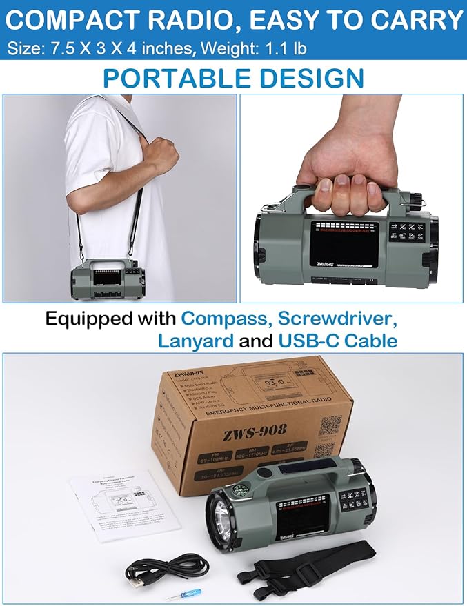 ZHIWHIS Emergency Radio with Bluetooth, Multi-Function Portable Radios with LCD VA Display, FM/MW/SW/VHF/WB Receiver with Alerts, Hand Crank/Solar/USB Charging, 5000mAh for Emergencies ZWS-908(Green)