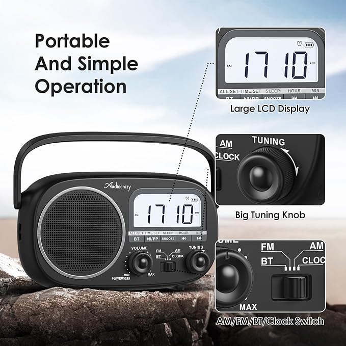 Portable Radio AM FM with Bluetooth,Built-in Rechargeable Battery/Plug in Wall/4*D Cell Battery Operated, Digital Time Display, Transistor Radio for Home,Outdoor,Gift,Seniors Space Black