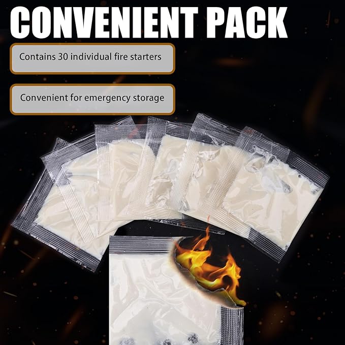 Quick Instant Fire Starter, Waterproof Indoor & Outdoor Firestarter, 30 Pack, for Charcoal, Campfire, Fireplace, BBQ, Wood Stove Odorless and Non-Toxic