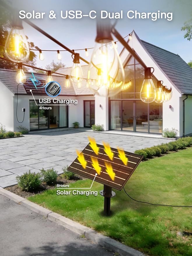 200FT Solar String Lights Outdoor Waterproof, 72+2 LED Solar Powered Lights with Remote Control, 3 Light Modes & Dimmable, USB-C Charging for Patio, Backyard, Garden, Camping