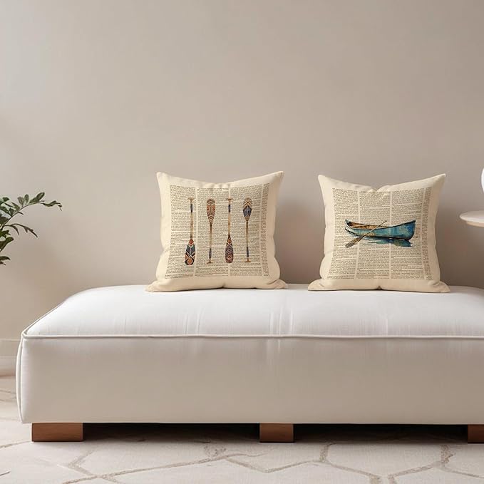 Vintage Lake House Pillow Covers 18x18, Lake House Decor for The Home Room, Boat Paddle Throw Pillow Covers Set of 2, Lake Life Decor Gifts, Lake House Gifts for New Home