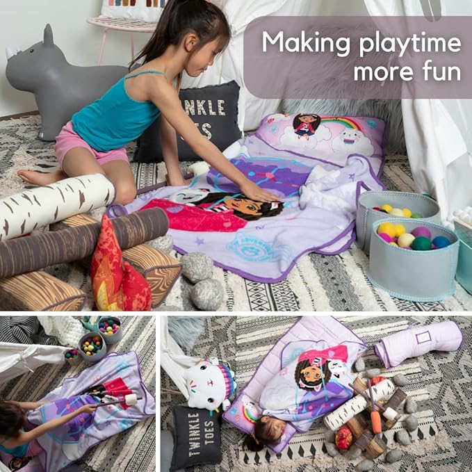 DreamWorks Gabby's Dollhouse 24"(W) X 45"(L) Soft Toddler Nap Mat with Pillow and Blanket Perfect for Preschool, Daycare, and Travel (100% Official Licensed Product)