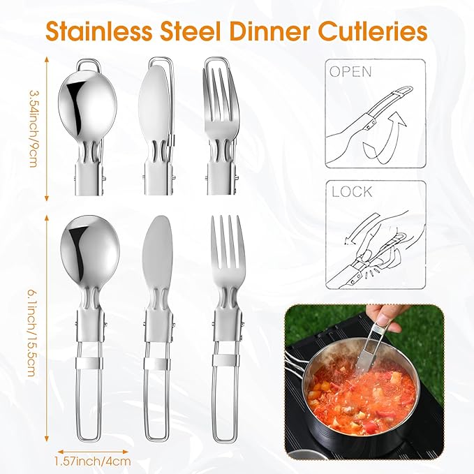 Funnymoom 15 Pcs Camp Cooking Set Stainless Steel Camping Cookware Mess Kit with Pot Pan and Stove 2 Set Stainless Steel Cups Plates Forks Knives Spoons for Camping Backpacking Outdoor Cooking Picnic