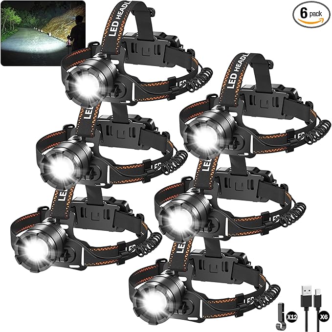 KYEKIO 6Pack Rechargeable Headlamps for Adults, 3000L Super Bright Head Lamps LED Rechargeable, 4Mode Head Lights for Forehead Hard Hat, Adjustable Focus 90°Headlight, Waterproof LED Headlamp Camping