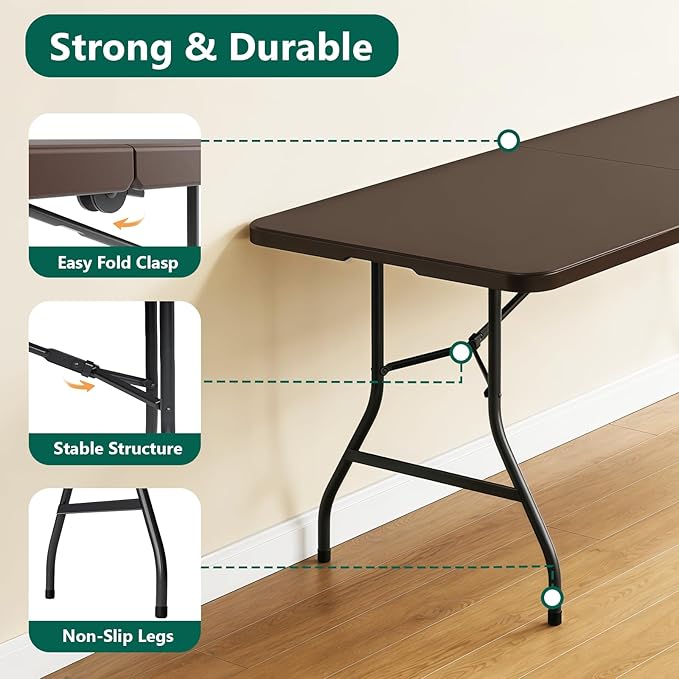 6ft Folding Table, Foldable Picnic Table Portable Table for Indoor Outdoor Use Heavy Duty Plastic Table Camping Table with Carry Handle for Party, BBQ, Brown