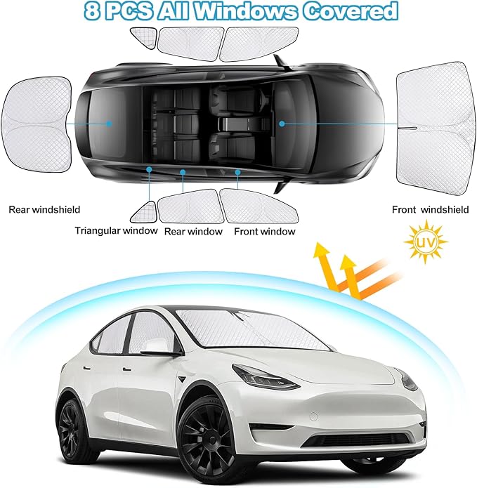 XCBYT 2020-2024 Model Y Full Coverage Window Shades | 6-Layer Blackout Insulated Sun & UV Protection | Custom Fit Privacy Covers for Camping, Sleeping & Car Living (8 PCS)