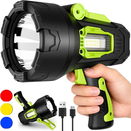 Rechargeable Spotlight，2000000 Lumens Super Bright LED SpotLights Flashlight, 10000ɱAh Spot Lights Long Runtime Waterproof ，Spot Light Outdoor Handheld with Cob Light & Foldable Tripod for Camping