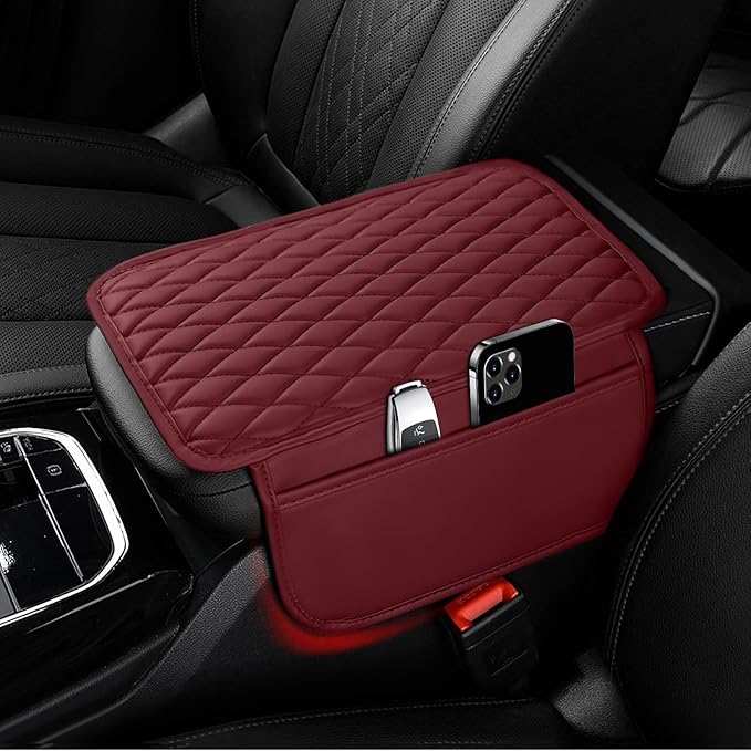 Car Center Console Cover, Upgraded Microfiber Leather Car Arm Rest Cover with 2 Storage Bags, Universal Armrest Cover for Car Storage Box Car Interior Accessories Protector for Most Vehicle-Red