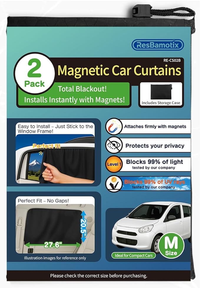 Magnetic Car Side Window Sun Shade, 2 Pack, Privacy Protection with UV Blocking, Easy Install with Storage Case, for Family Travel, Camping, Business Trips (Black, Medium（27.6"L x 20.5"W）)