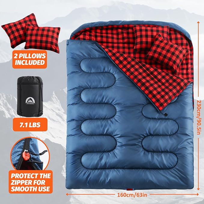 Swtmerry Double Sleeping Bag for Adults with 2 Pillows, Big & Tall Queen Size XL Sleeping Bag for 2 Person, Waterproof & Lightweight Warm for 3 Seasons, Cold Weather,Camping, Hiking & Backpacking