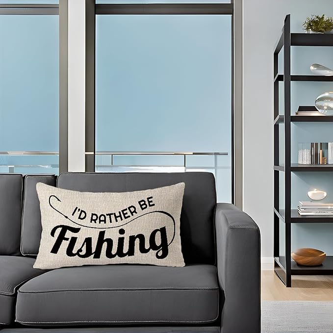 I'd Rather Be Fishing Gift to Fishing Enthusiast Club Throw Pillow Cover Cushion Case Cotton Linen Material Decorative 12x20 inches