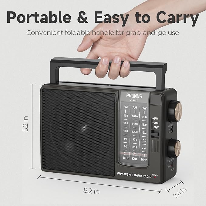 PRUNUS J03C AM FM Radio Portable USB or AA Battery Operated for Home/Outdoor, Large Speaker Excellent Sound, Excellent Reception 19.5 ant, Large Tuning Knobs,Gifts for Seniors, No,Internet Radio