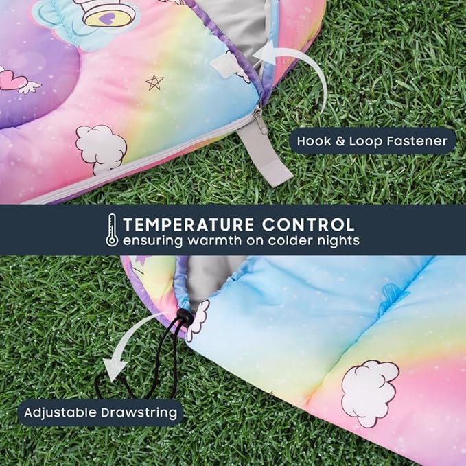 Wake In Cloud - Kids Sleeping Bag for Girls Toddlers, Camping in Warm Cold Weather, Backpacking Lightweight Compact Outdoor Liner for 3 Seasons, Unicorns Rainbow Hearts