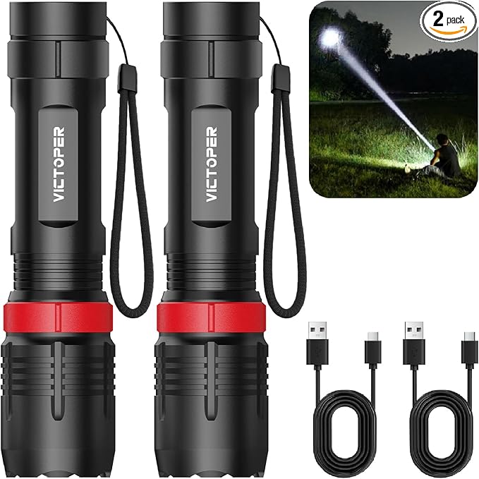 Victoper Rechargeabe Flashlight 2 Pack, High Lumens 5 Modes LED Bright Tactical Flashlights, Waterproof Zoomable Flash Light for Outdoor, Gifts for Camping Essentials Gear