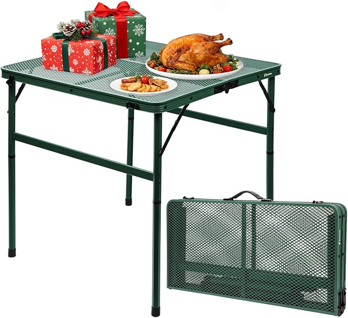 Square Folding Card Table with Adjustable Height (12" & 26"), Green Portable Metal Mesh Table for Camping, BBQ, Picnic, Game, Patio & Indoor Use, Fits 2–4 People, Lightweight 7.6 lb, Supports 66 lb