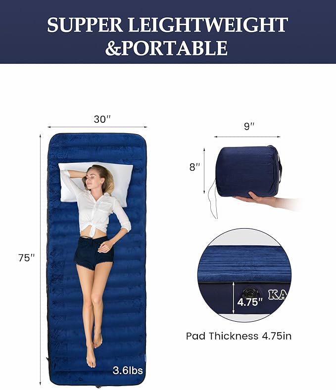 Inflatable Sleeping Pad for Camping, Extra-Thick 4.75" Single Air Mattress with Soft Velvet Top, Machine Washable, Family Lightweight 4-Season Pad for Traveling & Hiking, Blue