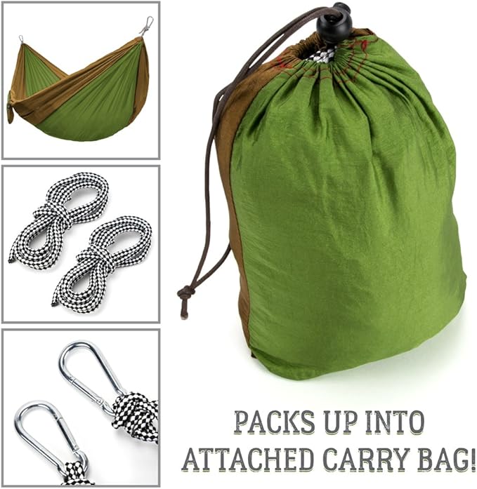 Grizzly Peak Single-Wide Camping Hammock, Lightweight and Portable Parachute Nylon (Moss & Mud)