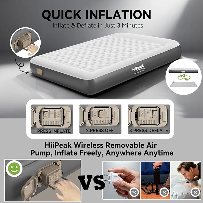HiiPeak Queen Air Mattress Bed with Removable Multi-function Air Pump, Self Inflatable TPU ECO Blow Up Bed, All Night Stability No Lost Air, No Peculiar Smell for Camping, Home, Guests Portable Travel