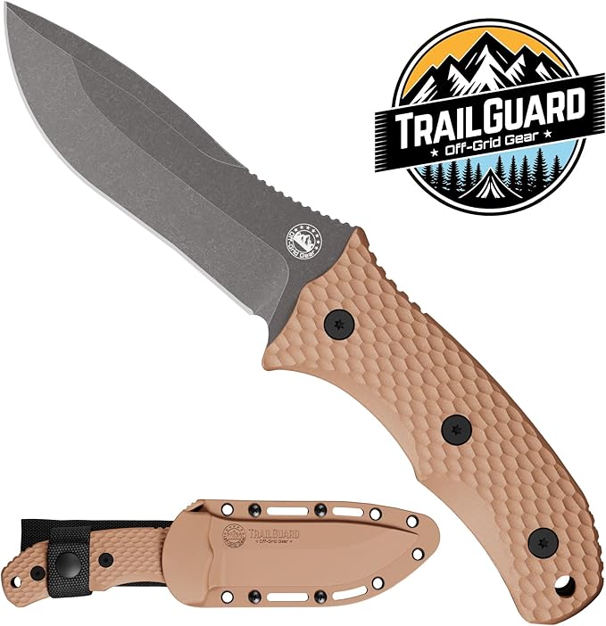 Off-Grid Gear TRAILGUARD Camping & Tactical Fixed Blade Knife, Stainless Steel Blade, Grippy FRN Scales, Sheath, Built For Campers, Preppers, Hunters, Fishermen, Survivalists, Handymen, Boaters, Bug Out Bag (Rustic Canyon)