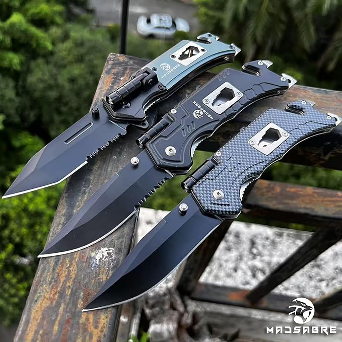 MADSABRE Multitool Pocket Knife with Clip and Case, 8-in-1 Folding Knives with Glass Breaker, Bottle Opener, Wrench, EDC Multitool Knife for Camping, Survival, Gifts for Men (Black)