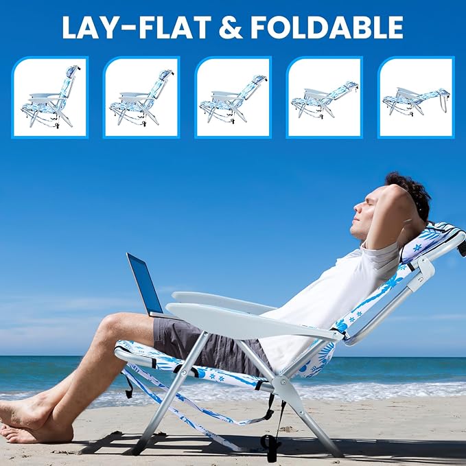 Portable Beach Chair for Adults, Outdoor Camping Chair Lay Flat Folding Backpack Beach Reclining Chair with 5 Positions, Headrest, Cup Holder, Heavy Blue Coconut Tree