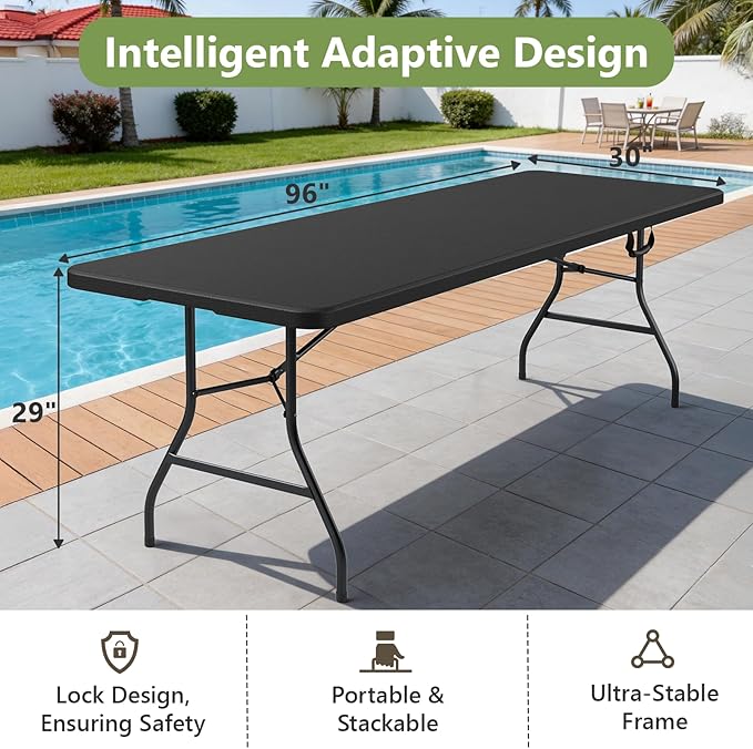 Folding Table, 8FT Foldable Picnic Table with Carrying Handle, Heavy Duty Fold-in-Half Portable Table for Weddings, Camping, RV Travel, Parties, BBQs, and Indoor Use, Easy to Fold and Store