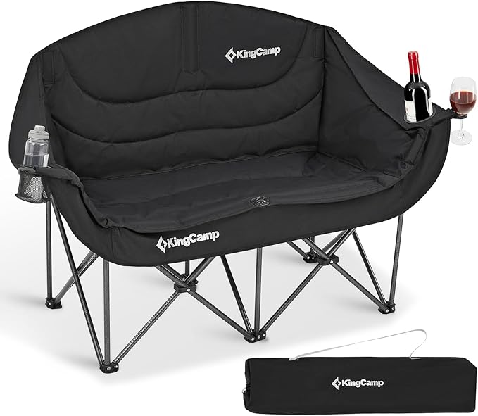 KingCamp Double Camping Chair, Oversized Heavy Duty 660lbs Loveseat for Adults Portable Folding XL 2 Person Couch Padded Comfortable Two Seat with Cup Holder for Outdoor Lawn Backyard, Black