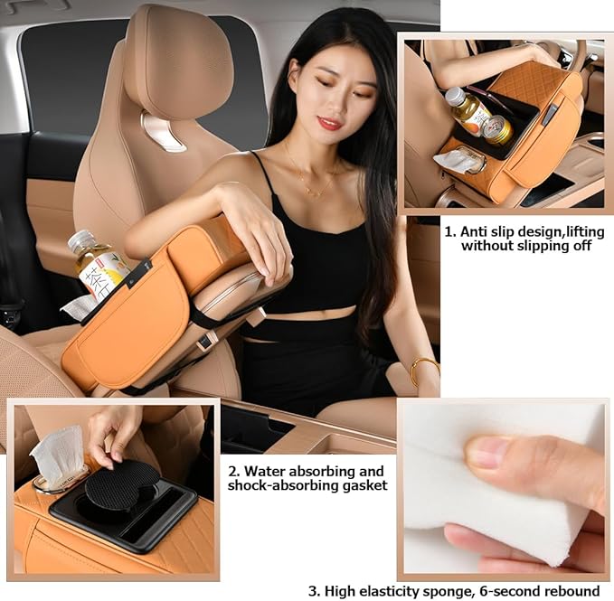 Car Armrest Cushion,5-in-1 Center Console Cover with 2 Storage Bags Cup Holder, Tissue Box Slot, Phone Slot for Sedans, Car Accessories Interior Organizers (Claret)
