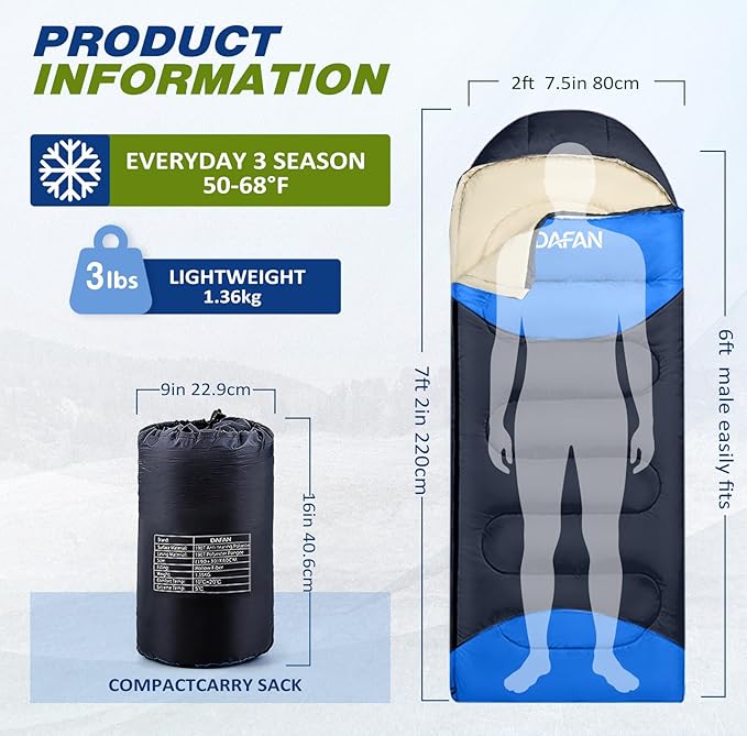 Lightweight Sleeping Bag for Adults, 3-Season Waterproof Backpacking Sleeping Bags with Compression Sack, Comfort Temp 50–68°F, Portable Camping Essential Gear for Travel, Hiking, Outdoor, Indoor