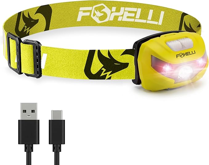Foxelli USB-C Rechargeable LED Headlamp – Super Bright, Lightweight Head Lamp for Running, Camping, Hiking & Work – Comfortable Fit for Adults & Kids